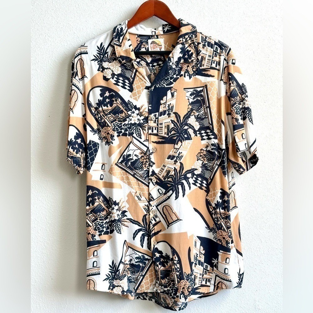 C&C CALIFORNIA Hawaiian Shirt Short Sleeve Tan & Black Tropical Men's Large